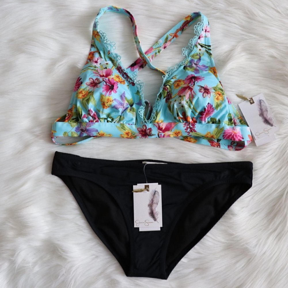 NEW Jessica Simpson Blue Black Floral Print Bikini Bathing Suit Set Size Small
